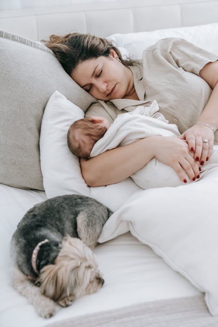 A peaceful scene of a mother sleeping beside her baby and pet dog in a cozy bedroom setting.